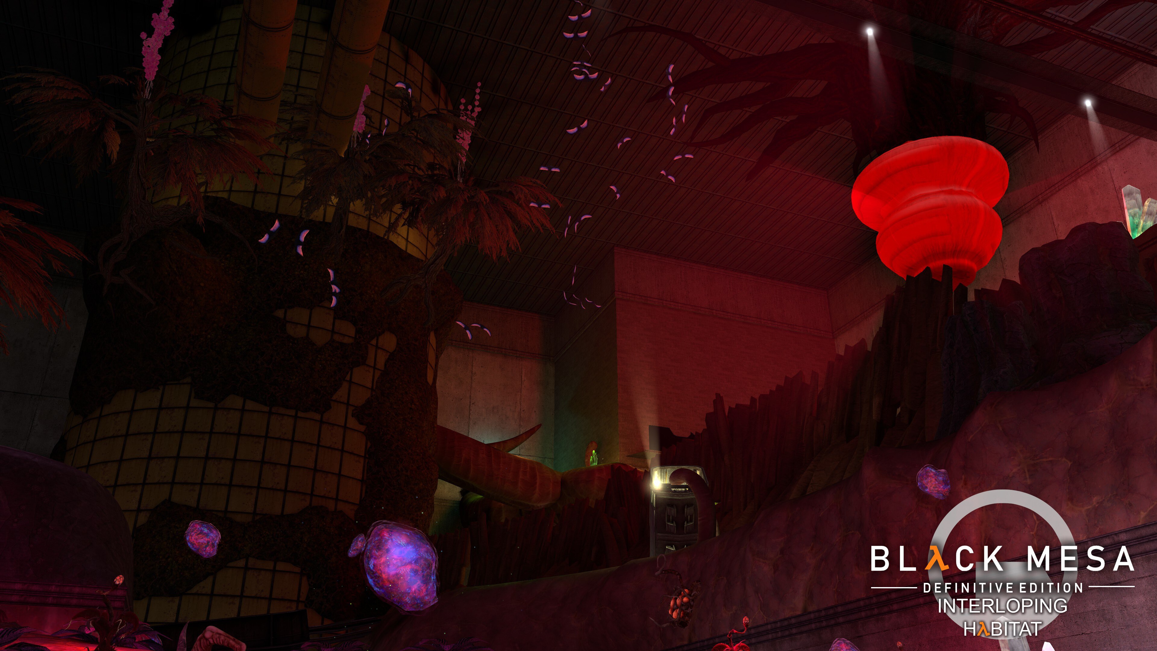 A huge Black Mesa enclosure transformed by red Xenian flora