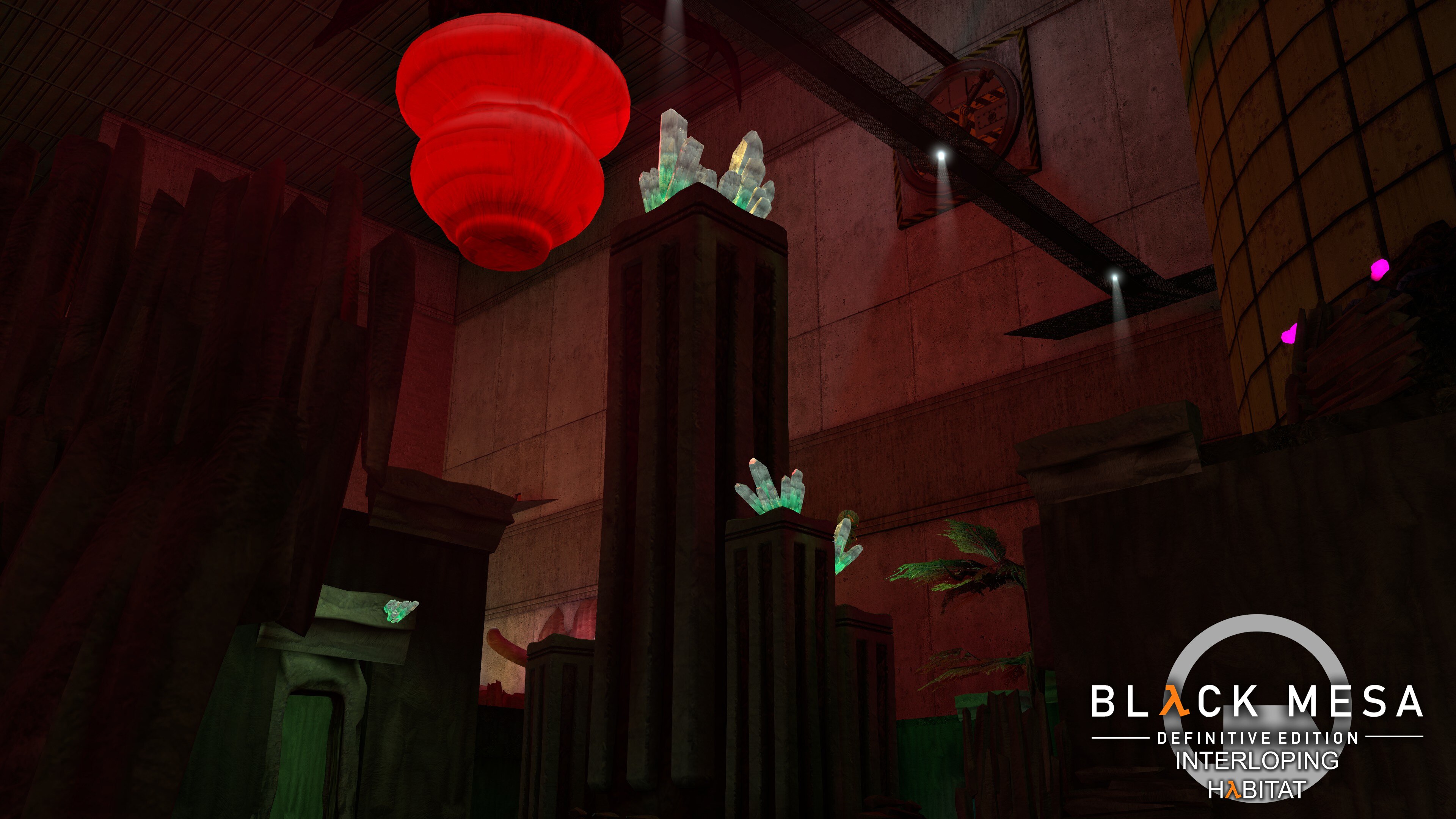 Towering concrete structures surrounded by crystals and Xenian growth