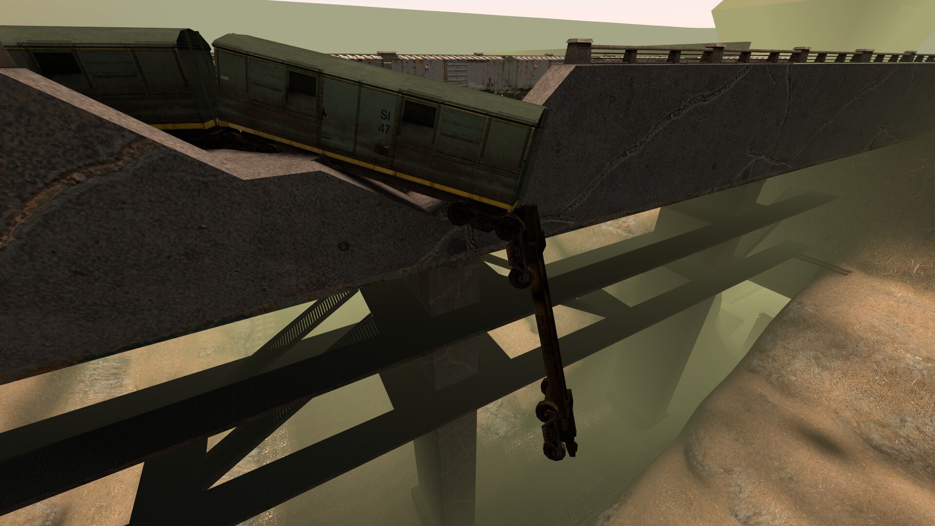 A damaged railway crossing the upper level of the bridge