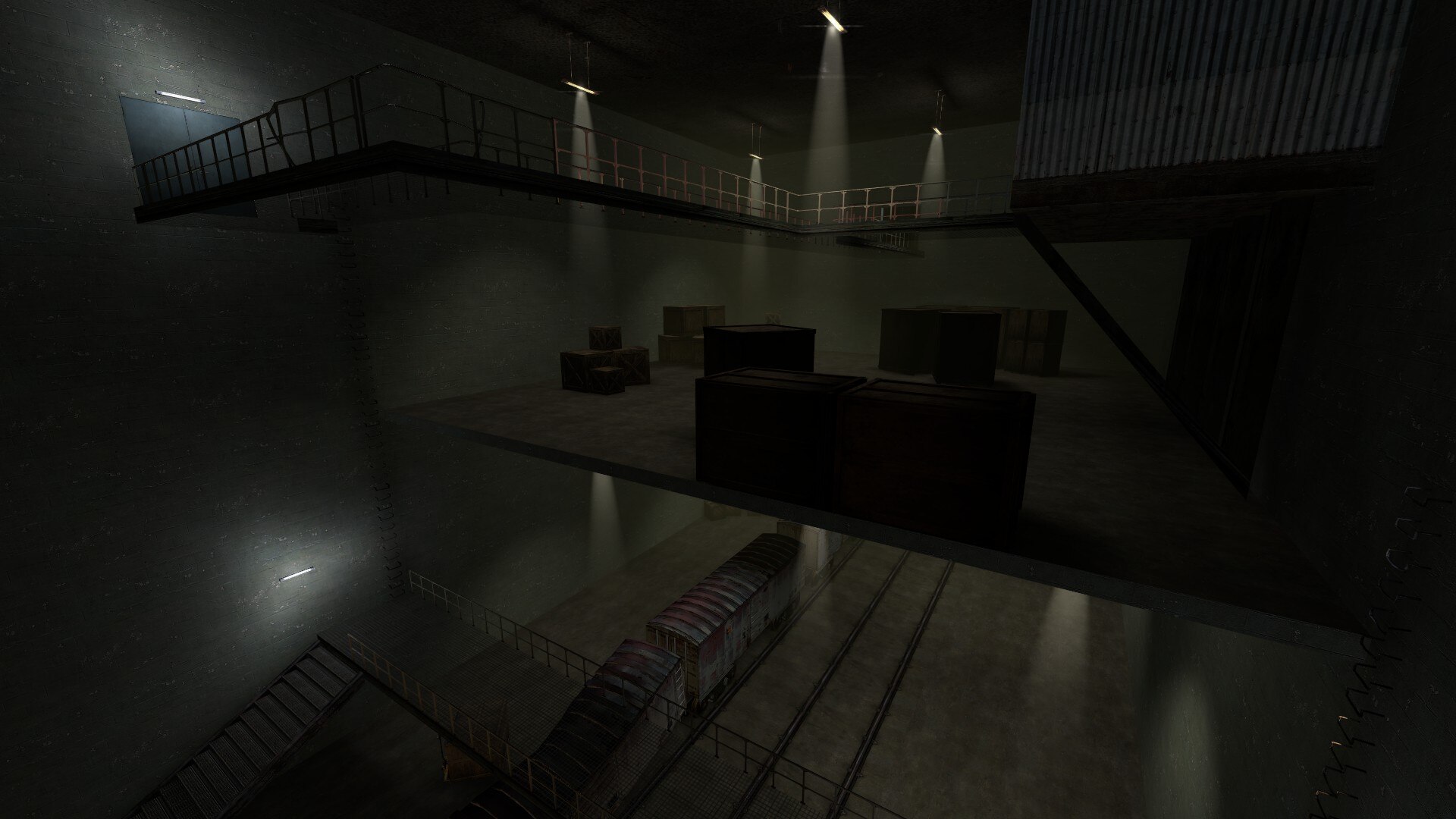 A multi-level industrial combat space surrounding a railway