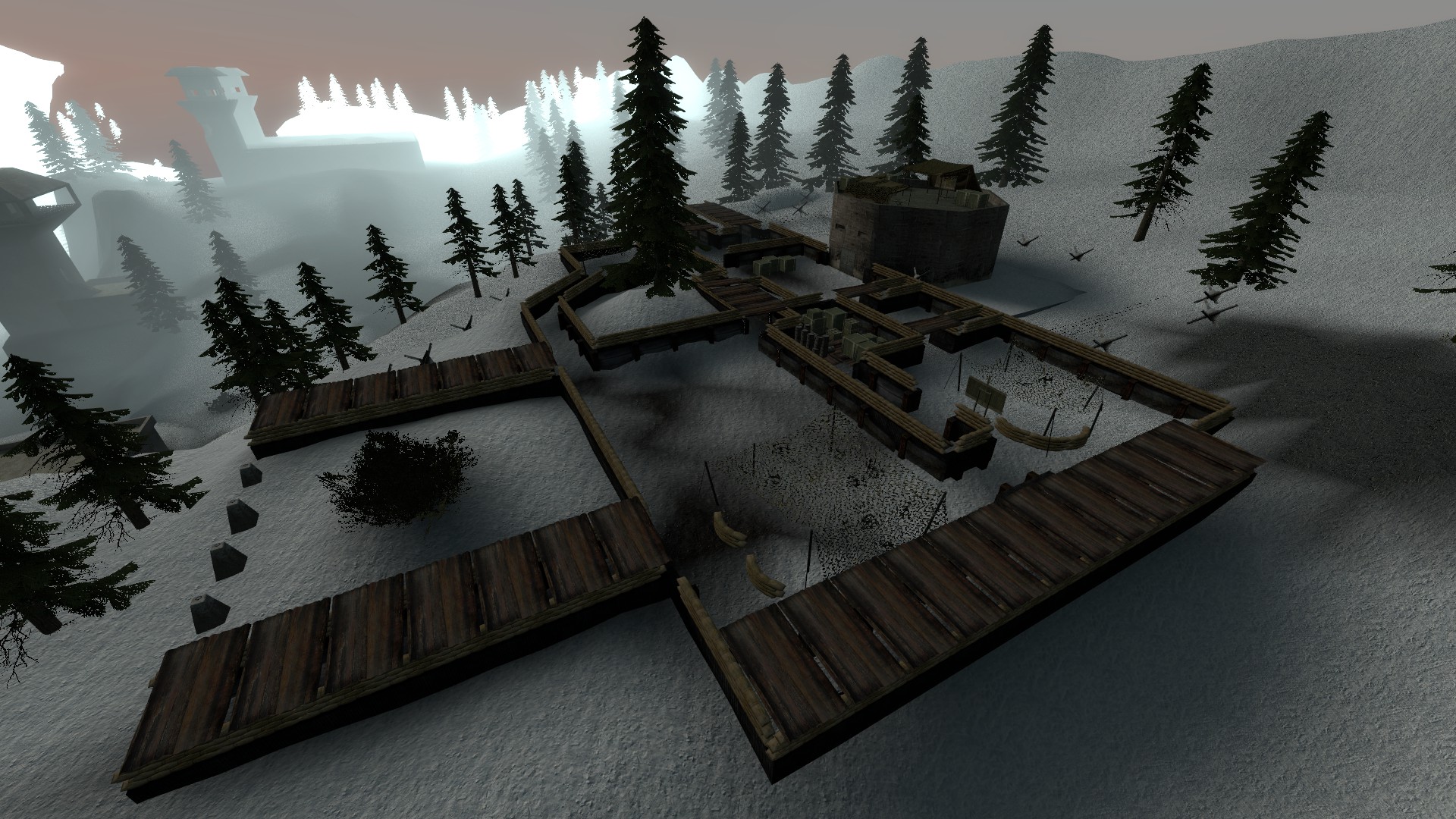 An aerial view of a fortified trench compound in rp_wartorn