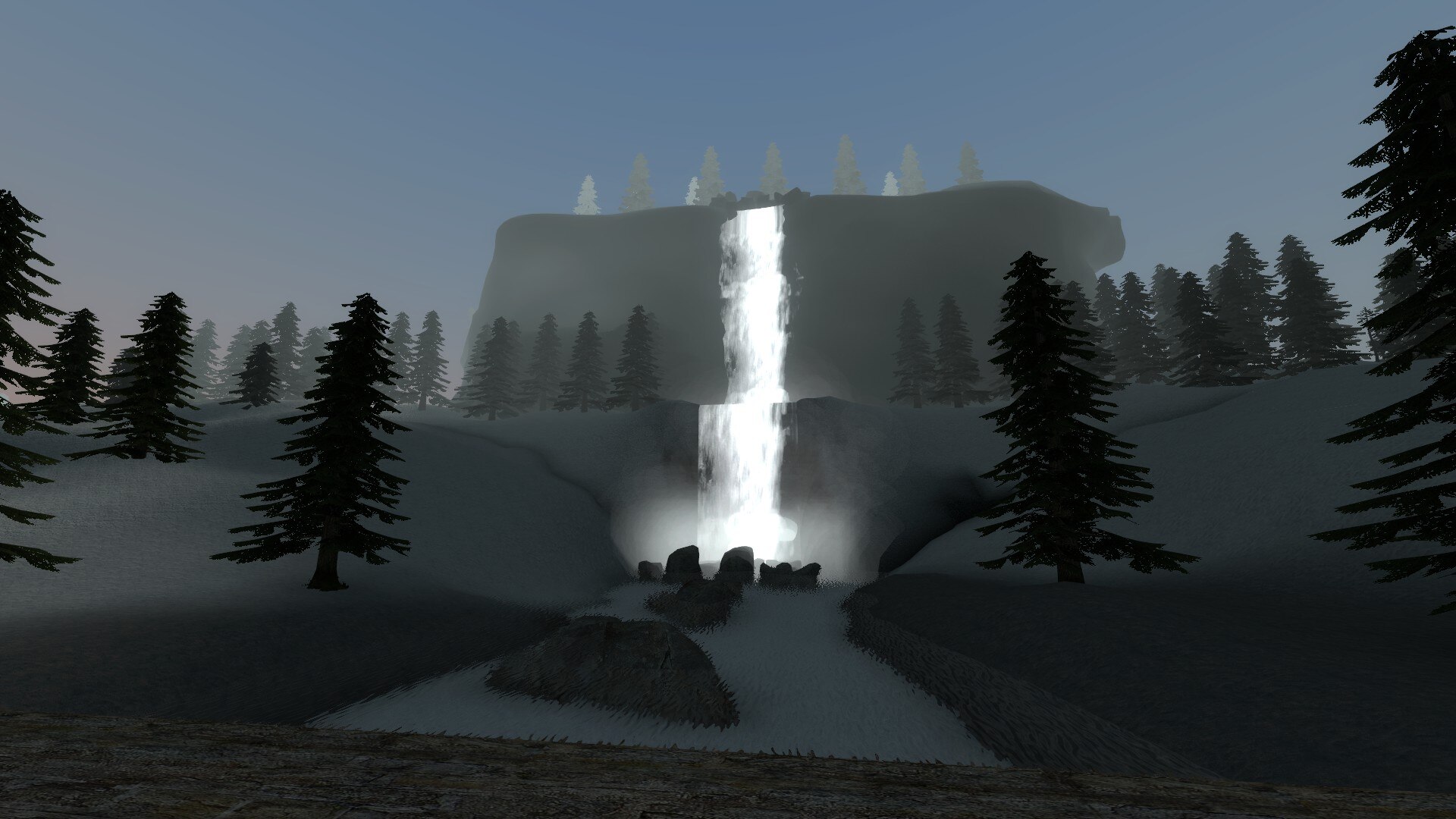 A waterfall surrounded by a snowy pine forest