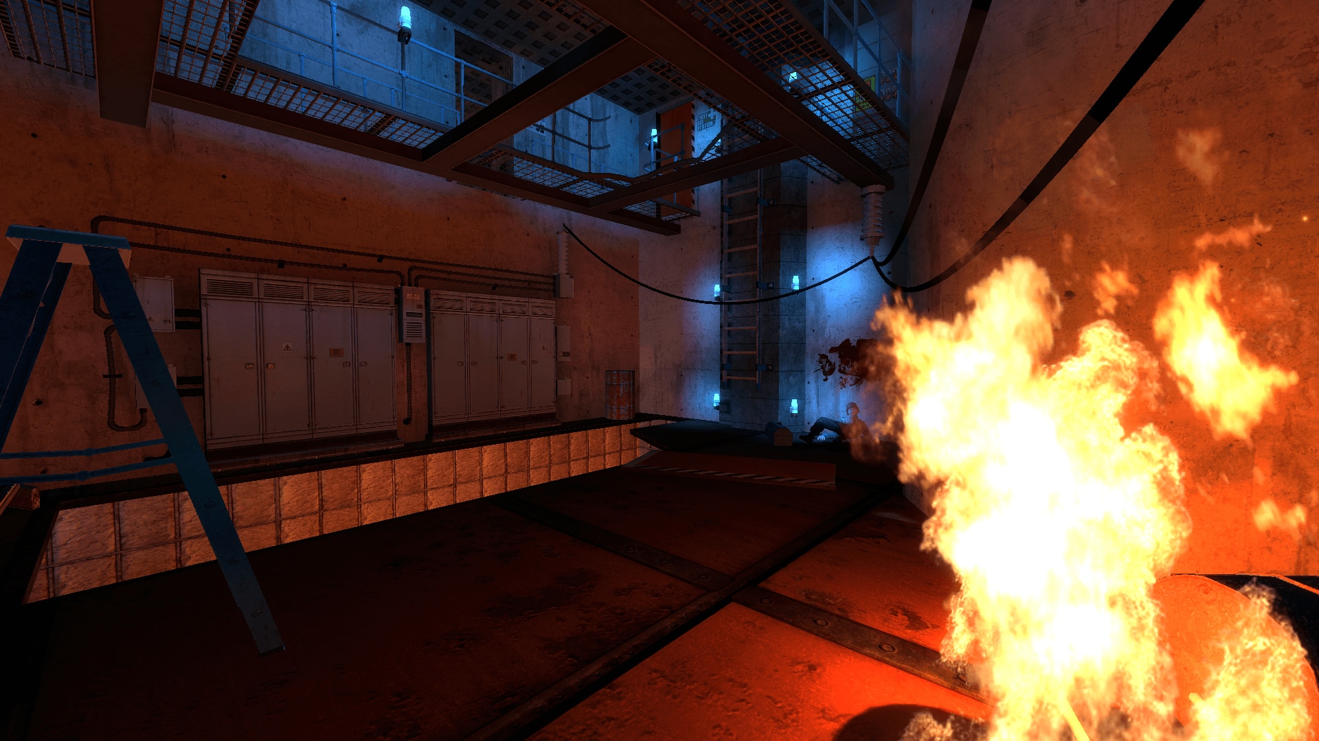 A burning Black Mesa service area with ladders and overhead walkways